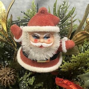 VTG Flocked Santa Floral Pick Christmas Arrangement Basket Holly Berrie Pinecone